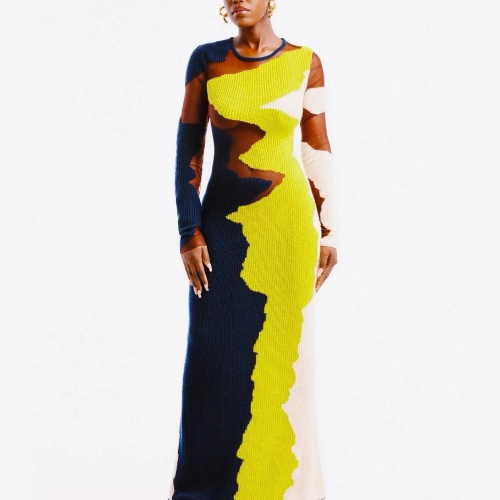 Hanifa Yellow and Blue Long Sleeve Bodycon Dress - Picture 4 of 16